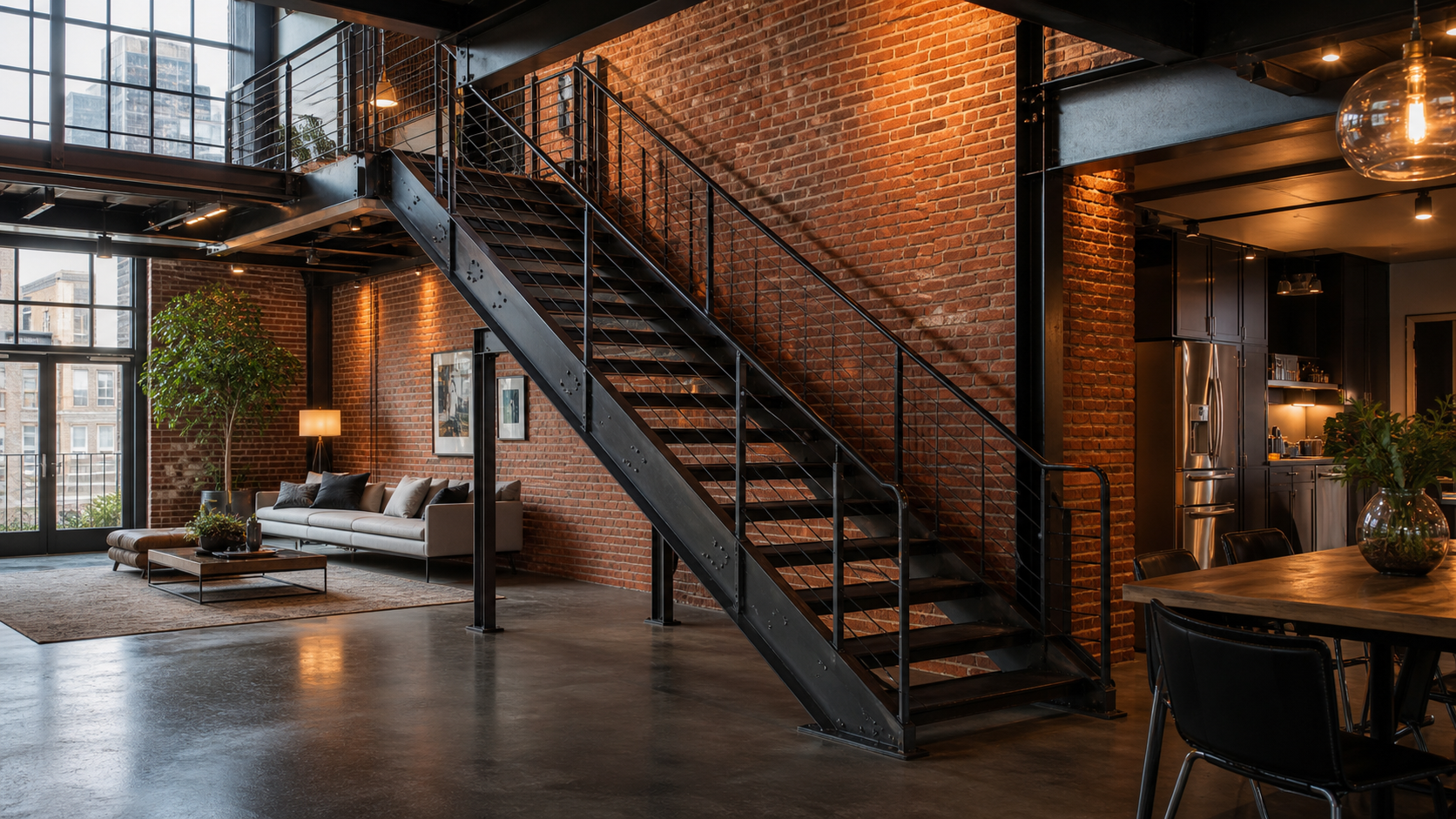Interno di un loft industriale con scala e ringhiera in ferro come elemento centrale