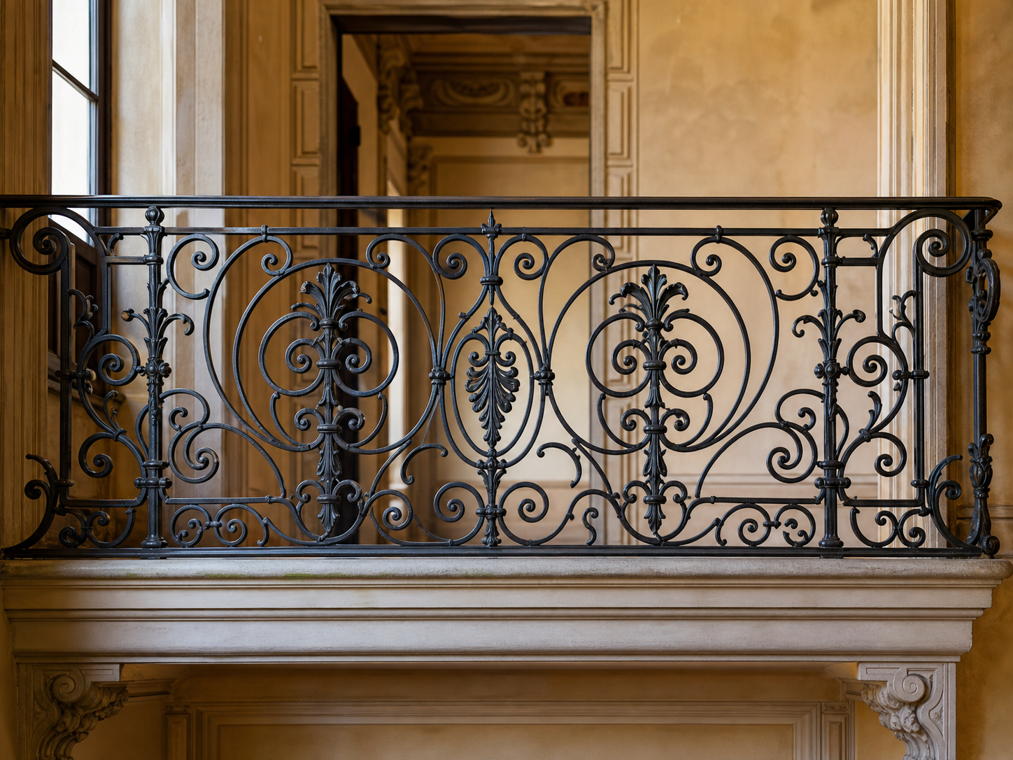 Ringhiera in ferro battuto con motivo a volute su balcone in stile tradizionale